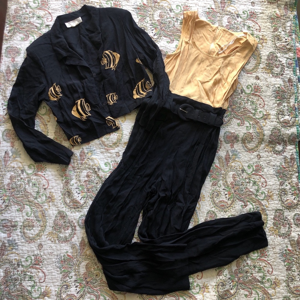 unique funky vintage 80s fish print 2-piece set - jumpsuit & cropped blazer